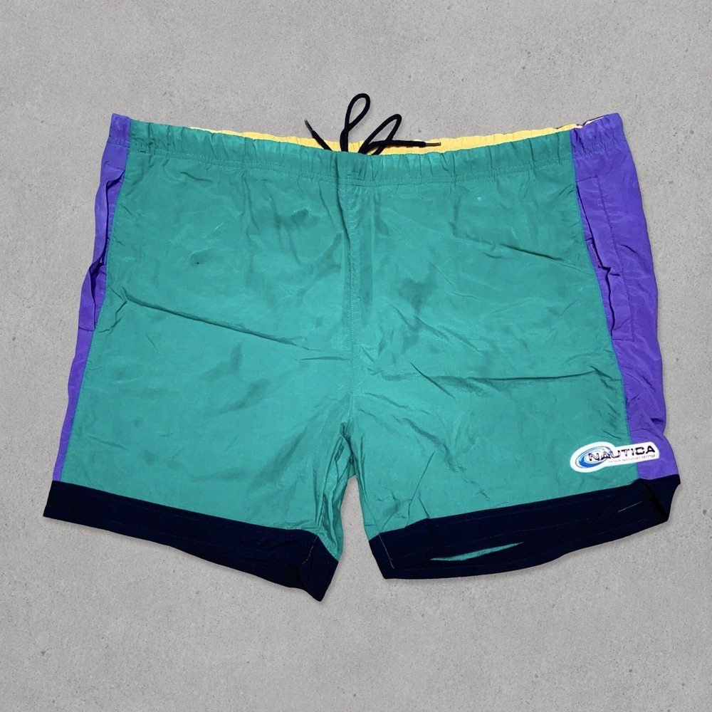 Vintage 90s Nautica Colorblock Swim Trunks Men's Large Green Purple Mesh Lined